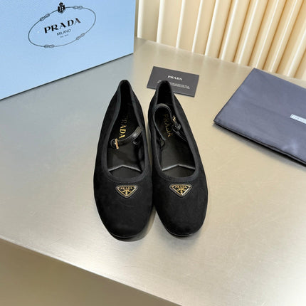 PRADA 26S MARY JANE FLATS IN BLACK SUEDE