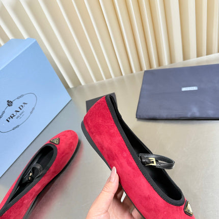 PRADA 26S MARY JANE FLATS IN RED SUEDE