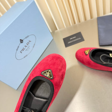 PRADA 26S MARY JANE FLATS IN RED SUEDE