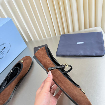 PRADA 26S MARY JANE FLATS IN BROWN SUEDE