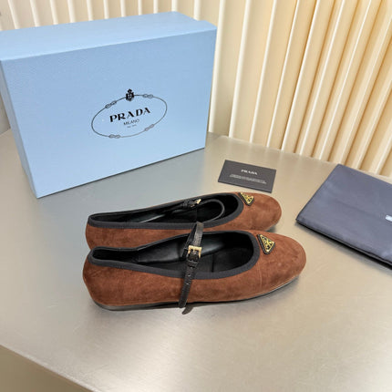 PRADA 26S MARY JANE FLATS IN BROWN SUEDE