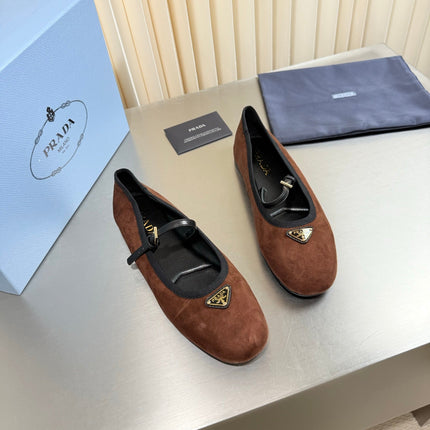 PRADA 26S MARY JANE FLATS IN BROWN SUEDE