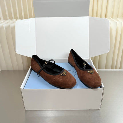 PRADA 26S MARY JANE FLATS IN BROWN SUEDE