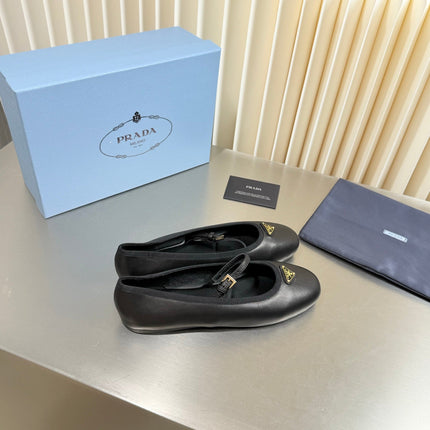 PRADA 26S MARY JANE FLATS IN BLACK CALFSKIN