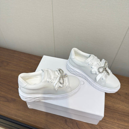 JIMMY CHOO 26S SNEAKERS 55 MM IN WHITE CALFSKIN WITH CRYSTAL BOW