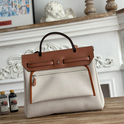 BOLSO HERBAG ZIP 31 RETOURNE BAG IN OFF-WHITE MIX BROWN H VIKING CANVAS AND COWHIDE
