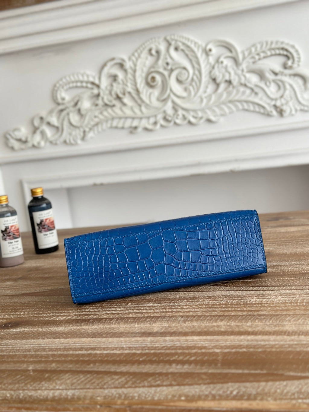 HM 26S KELLY MINI 22CM IN DARK BLUE CROC EMBOSSED CALFSKIN SILVER KELLY BUCKLE