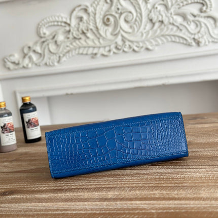 HM 26S KELLY MINI 22CM IN DARK BLUE CROC EMBOSSED CALFSKIN SILVER KELLY BUCKLE