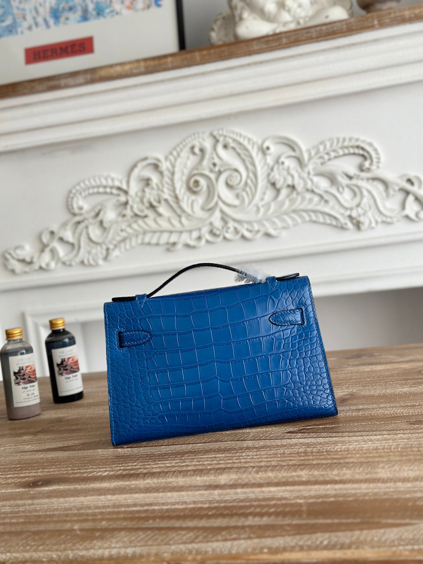 HM 26S KELLY MINI 22CM IN DARK BLUE CROC EMBOSSED CALFSKIN SILVER KELLY BUCKLE