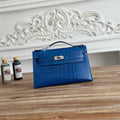 HM 26S KELLY MINI 22CM IN DARK BLUE CROC EMBOSSED CALFSKIN SILVER KELLY BUCKLE