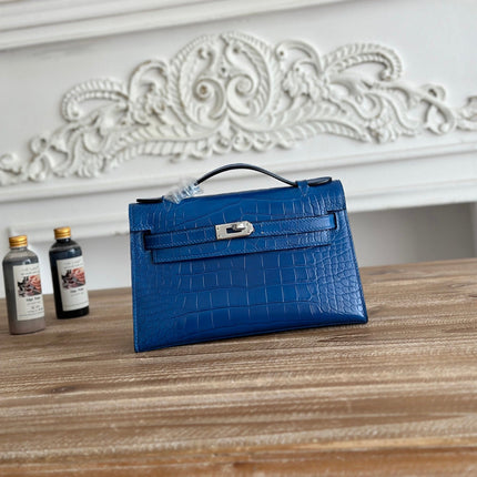 HM 26S KELLY MINI 22CM IN DARK BLUE CROC EMBOSSED CALFSKIN SILVER KELLY BUCKLE