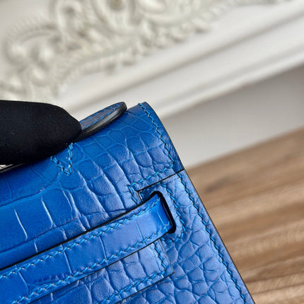 HM 26S KELLY MINI 22CM IN DARK BLUE CROC EMBOSSED CALFSKIN SILVER KELLY BUCKLE
