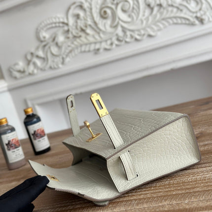 HM 26S KELLY MINI 22CM IN MILKY WHITE CROC EMBOSSED CALFSKIN GOLD KELLY BUCKLE
