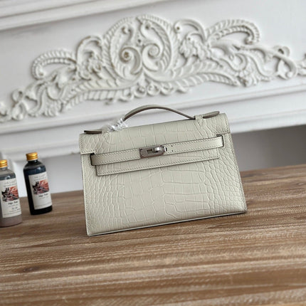 HM 26S KELLY MINI 22CM IN MILKY WHITE CROC EMBOSSED CALFSKIN SILVER KELLY BUCKLE
