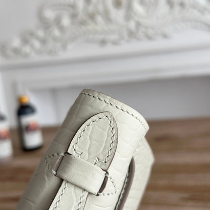 HM 26S KELLY MINI 22CM IN MILKY WHITE CROC EMBOSSED CALFSKIN SILVER KELLY BUCKLE