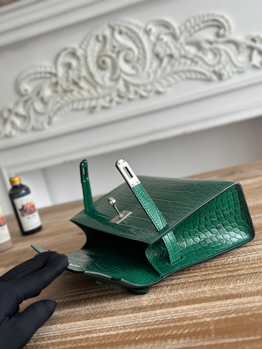 HM 26S KELLY MINI 22CM IN DARK GREEN CROC EMBOSSED CALFSKIN SILVER KELLY BUCKLE