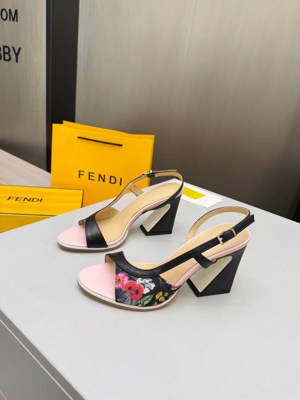 FENDI 26S SLINGBACK SANDALS IN BLACK CALFSKIN AND CANVAS