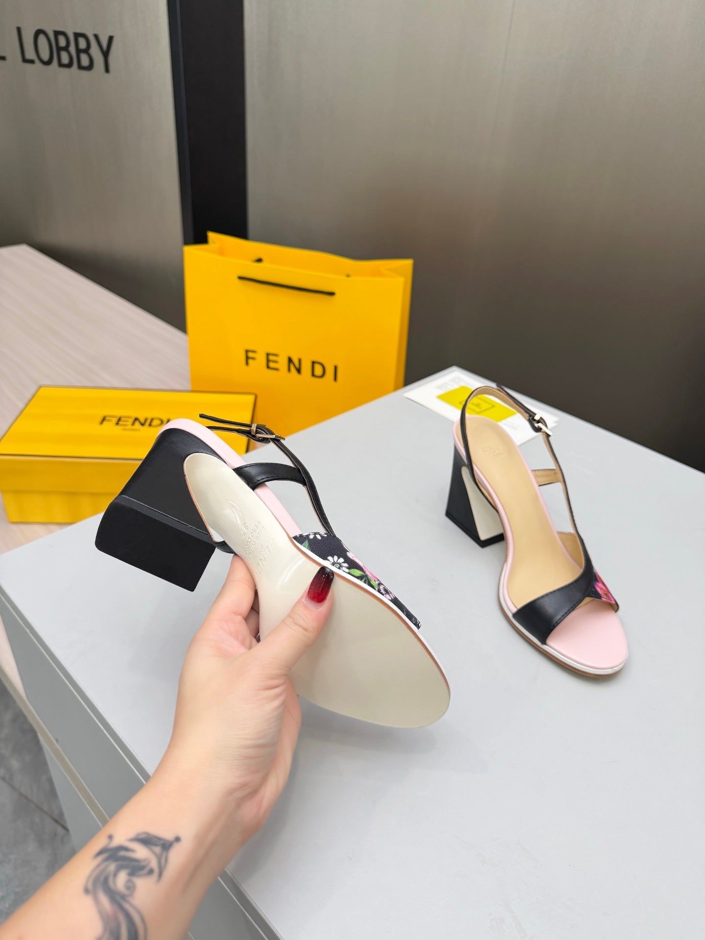 FENDI 26S SLINGBACK SANDALS IN BLACK CALFSKIN AND CANVAS