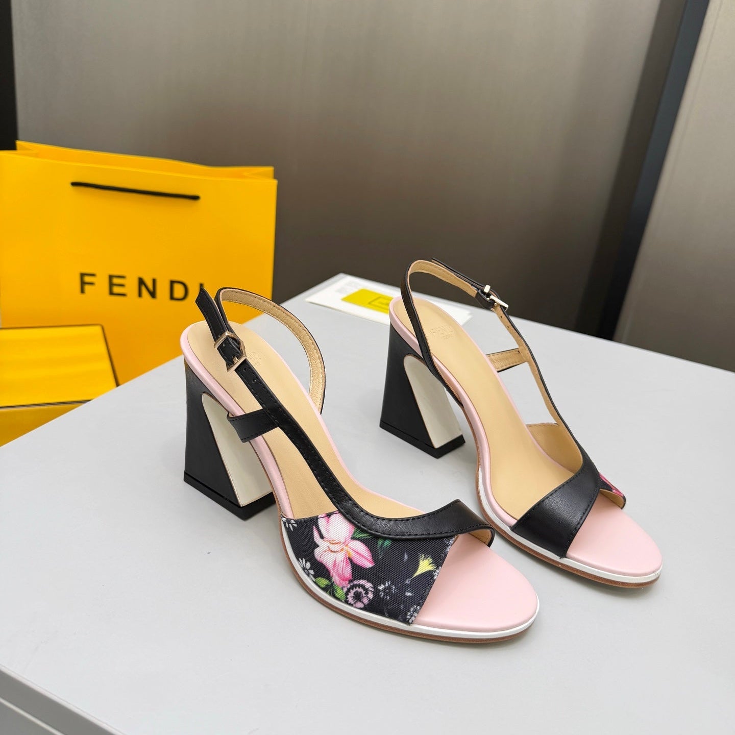 FENDI 26S SLINGBACK SANDALS IN BLACK CALFSKIN AND CANVAS