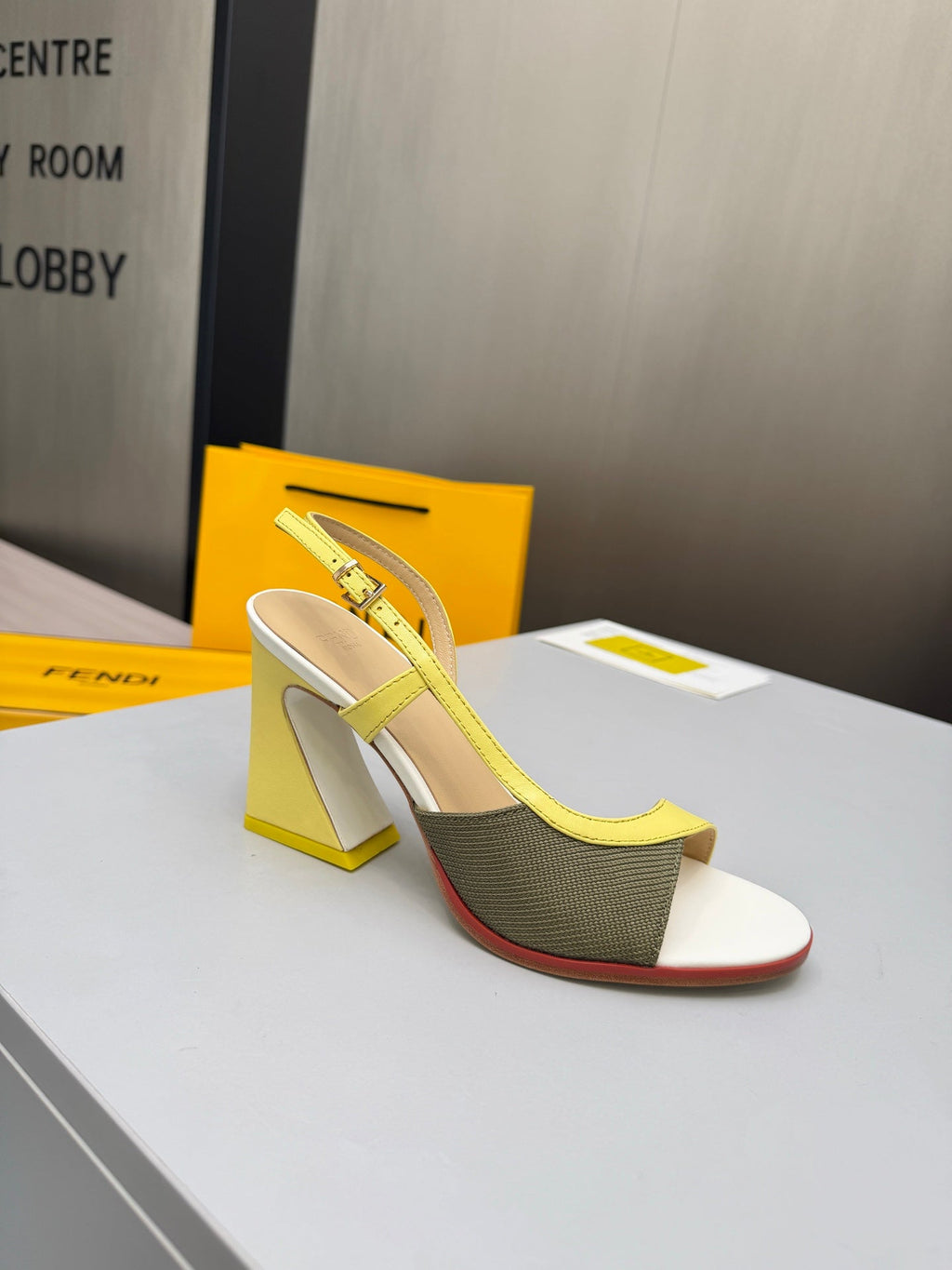 FENDI 26S SLINGBACK SANDALS IN YELLOW CALFSKIN AND GREEN CANVAS