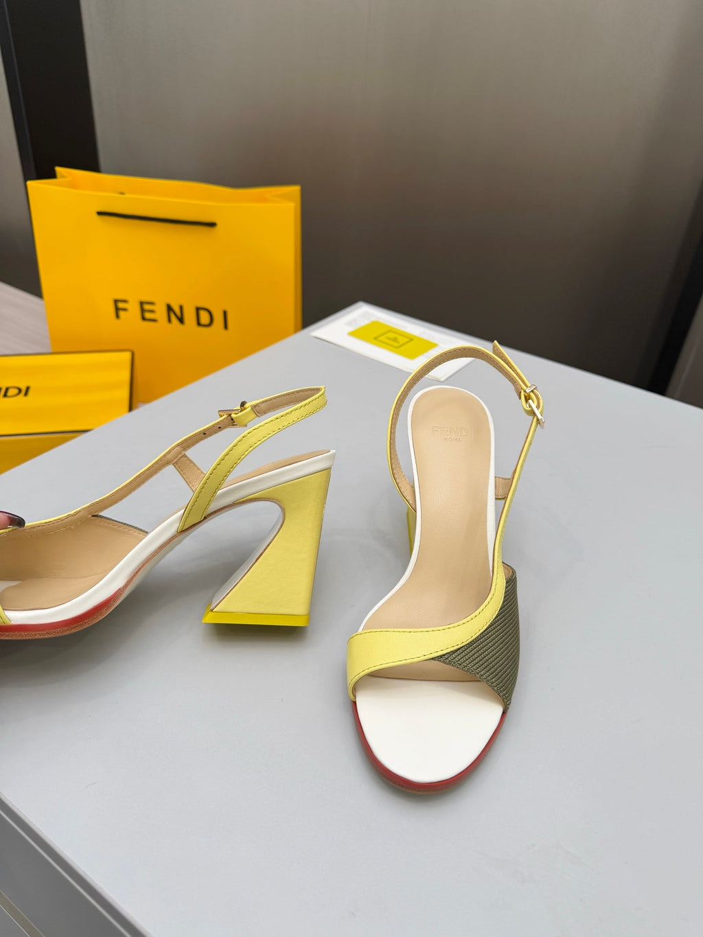 FENDI 26S SLINGBACK SANDALS IN YELLOW CALFSKIN AND GREEN CANVAS