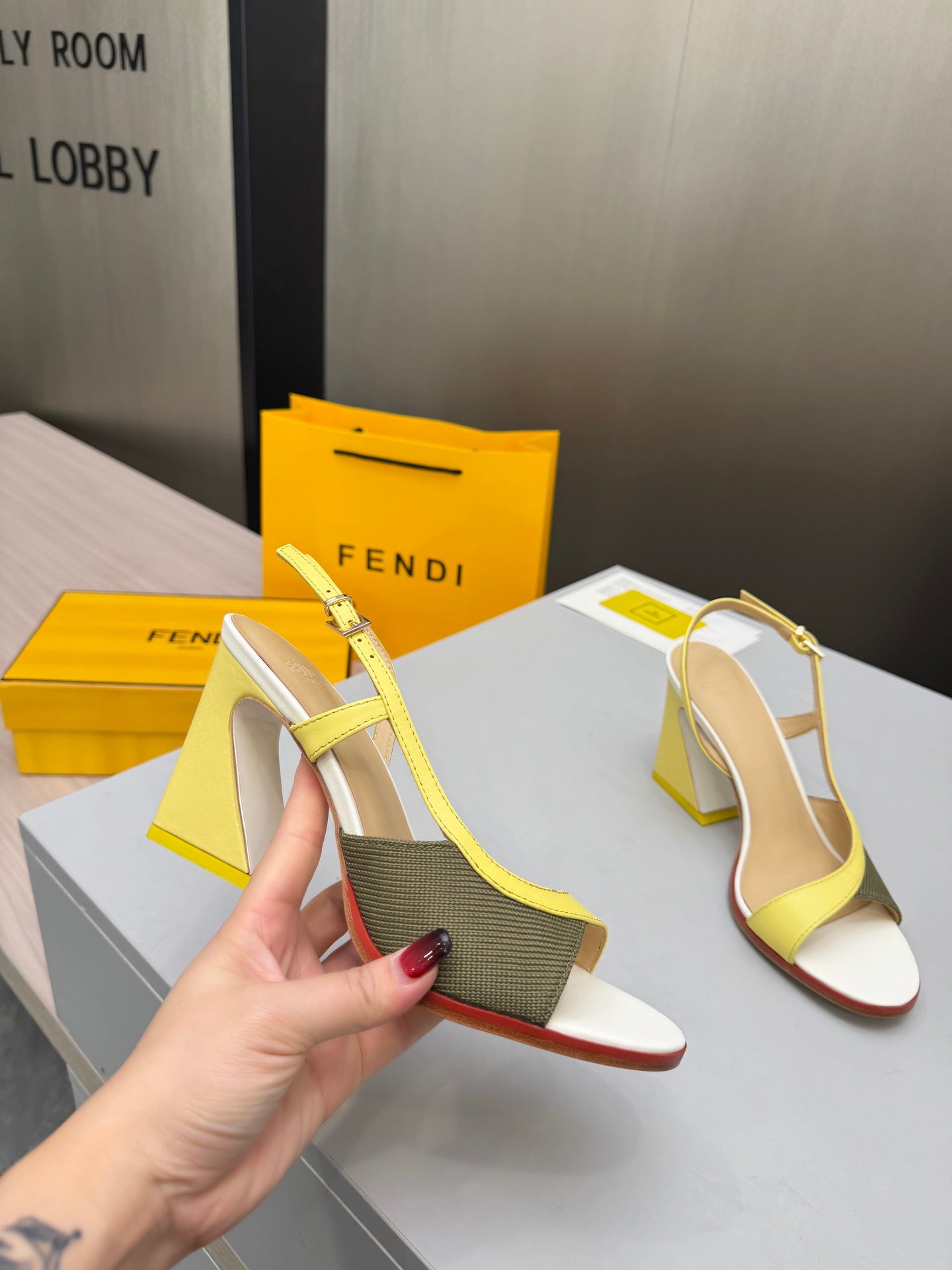 FENDI 26S SLINGBACK SANDALS IN YELLOW CALFSKIN AND GREEN CANVAS