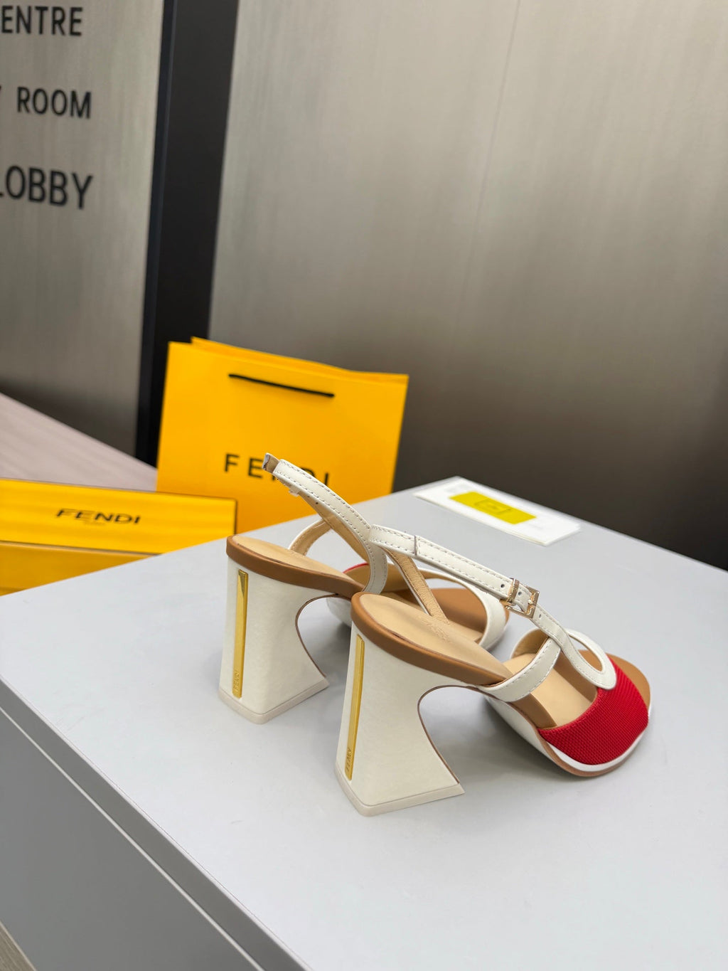 FENDI 26S SLINGBACK SANDALS IN WHITE CALFSKIN AND RED CANVAS