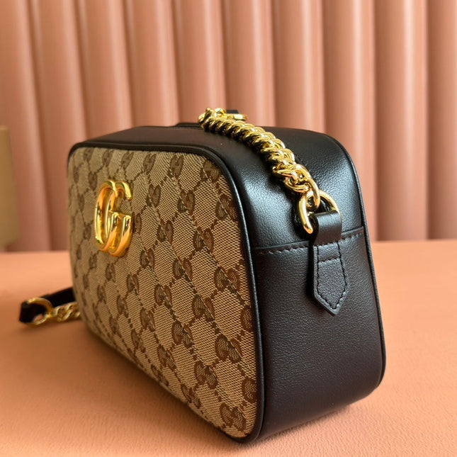 MARMONT MEDIUM SHOULDER BAG 24 IN BEIGE AND BROWN GG CANVAS BLACK CALFSKIN