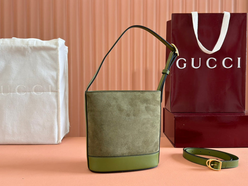 73 SMALL BUCKET BAG 20 IN GREEN SOFT SUEDE AND CALFSKIN