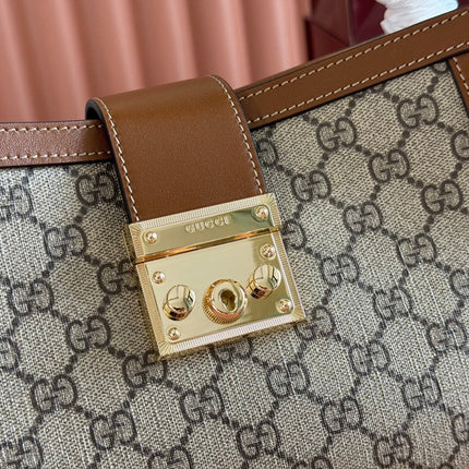 GUCCI 26S PADLOCK TOP HANDLE BAG 25 IN DARK BEIGE AND BROWN CALFSKIN