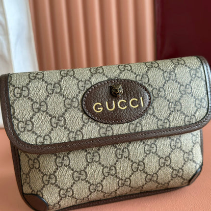 GUCCI NEO VINTAGE TIGER HEAD CROSSBODY BAG 20 IN CANVAS BROWN LEATHER TRIM