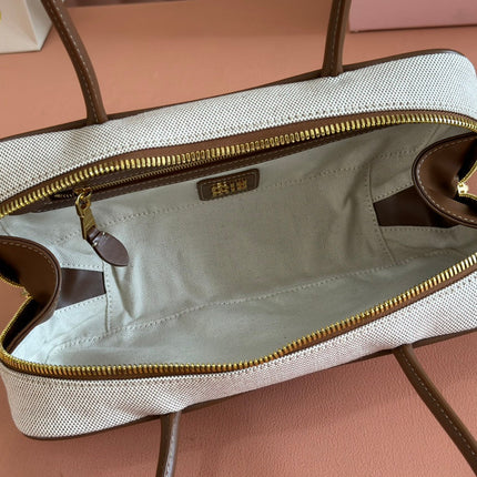 MIUMIU 25S BEAU CANVAS BAG 28 IN BEIGE CANVAS AND BROWN CALFSKIN