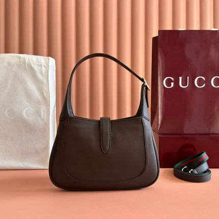 GUCCI 25S JACKIE 1961 SMALL BAG 28 CM IN DARK BROWN LEATHER WITH GOLD HARDWARE
