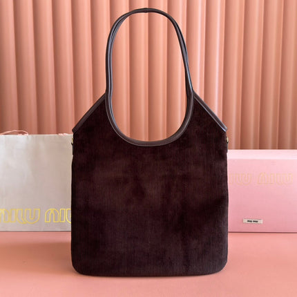 MIUMIU 26S IVY 40 TOTE IN CHOCOLATE BROWN CANVAS AND DARK BROWN CALFSKIN