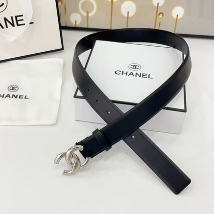 DOUBLE C BELT 30MM IN BLACK CALFSKIN WITH SHINY SILVER BUCKLE