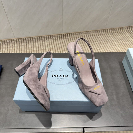 PRADA 26S LOW HEEL SQUARE TOE SLINGBACK SHOES 85MM IN TAUPE BROWN SUEDE WITH LOGO