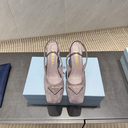 PRADA 26S LOW HEEL SQUARE TOE SLINGBACK SHOES 85MM IN TAUPE BROWN SUEDE WITH LOGO