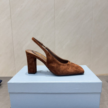 PRADA 26S LOW HEEL SQUARE TOE SLINGBACK SHOES 85MM IN CARAMEL BROWN SUEDE