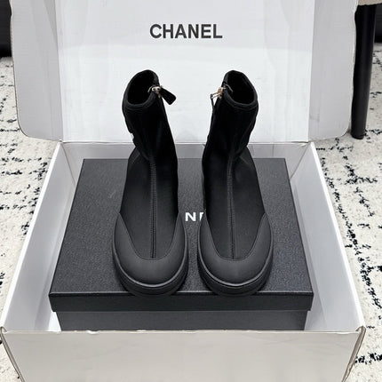 CHANEL 26S ZIPPER BOOTS IN BLACK FABRIC AND LAMBSKIN