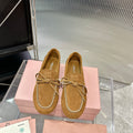 MIUMIU 26S LOAFERS IN TAN BROWN SUEDE WITH BOW