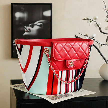 CHANEL 26S LARGE TOTE BAG 54 IN RED MULTICOLOR CANVAS AND CALFSKIN GOLD HARDWARE