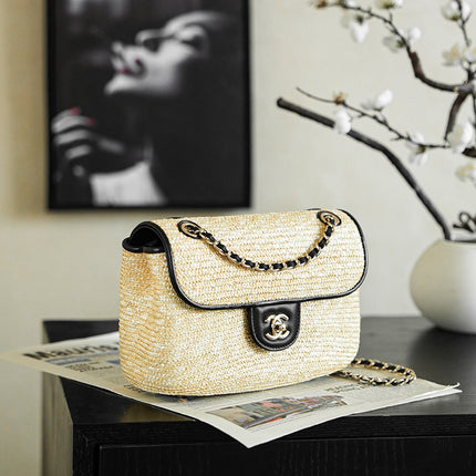 CHANEL 26S CLASSIC FLAP MEDIUM 23 IN NATURAL RAFFIA AND BLACK CALFSKIN GOLD HARDWARE
