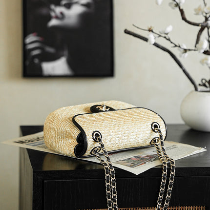 CHANEL 26S CLASSIC FLAP MEDIUM 23 IN NATURAL RAFFIA AND BLACK CALFSKIN GOLD HARDWARE