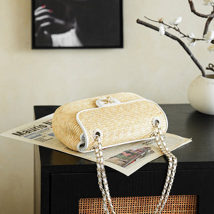 CHANEL 26S CLASSIC FLAP MEDIUM 23 IN NATURAL RAFFIA AND WHITE CALFSKIN GOLD HARDWARE