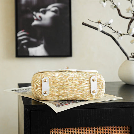 CHANEL 26S CLASSIC FLAP MEDIUM 23 IN NATURAL RAFFIA AND WHITE CALFSKIN GOLD HARDWARE