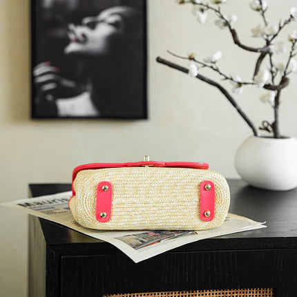 CHANEL 26S CLASSIC FLAP MEDIUM 23 IN NATURAL RAFFIA AND PINK CALFSKIN GOLD HARDWARE