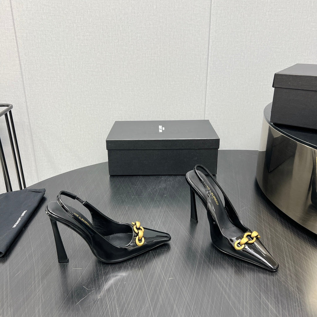GOLD CHAIN ATTACHED HIGH SLINGBACK IN BLACK GLOSSY CALFSKIN