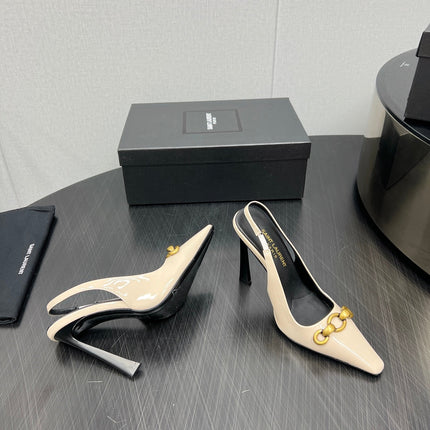 GOLD CHAIN ATTACHED HIGH SLINGBACK IN CREAM GLOSSY CALFSKIN