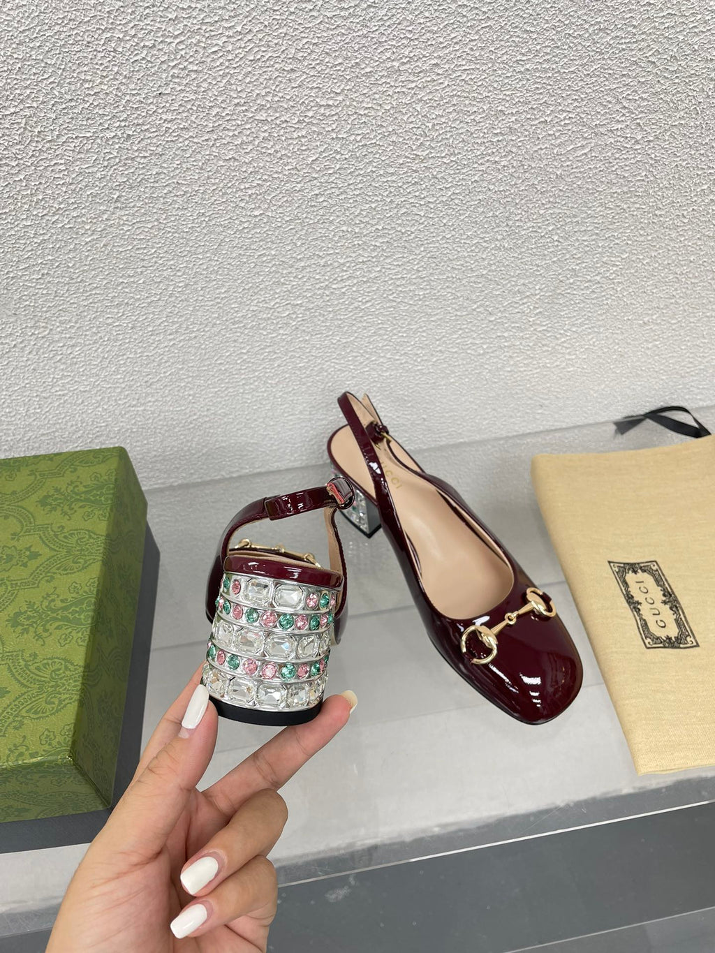 GG WOMEN'S HORSEBIT SLINGBACK IN WINE RED CALFSKIN WITH RHINSTONES
