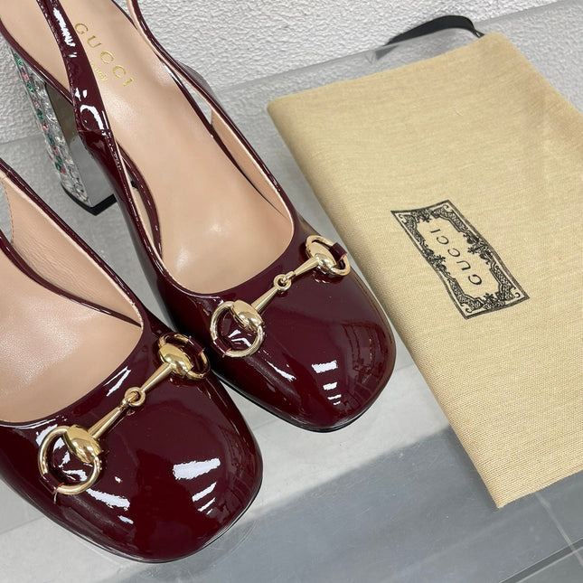 GG WOMEN'S HORSEBIT SLINGBACK 95MM IN WINE RED CALFSKIN WITH RHINSTONES